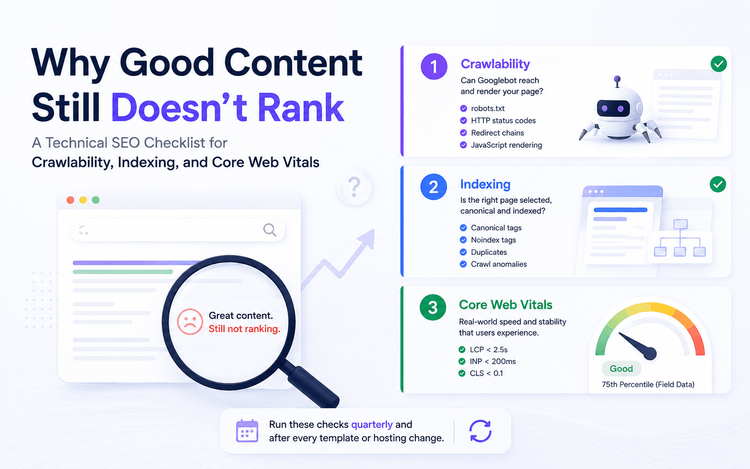 Title tag	Technical SEO Checklist 2026: Crawlability, Indexing & Core Web Vitals